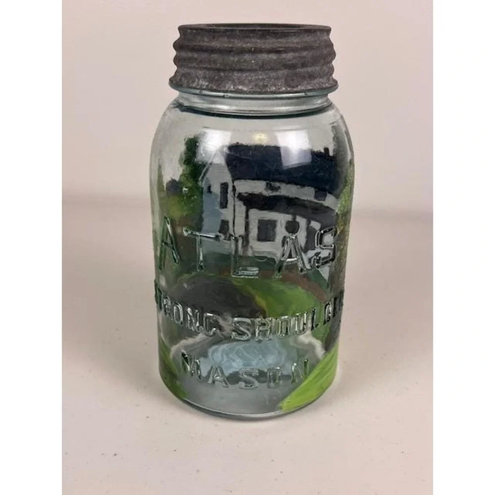 Vintage Atlas Strong‎ Shoulder Mason Jar Hand Painted Farmhouse Folk Art 1997